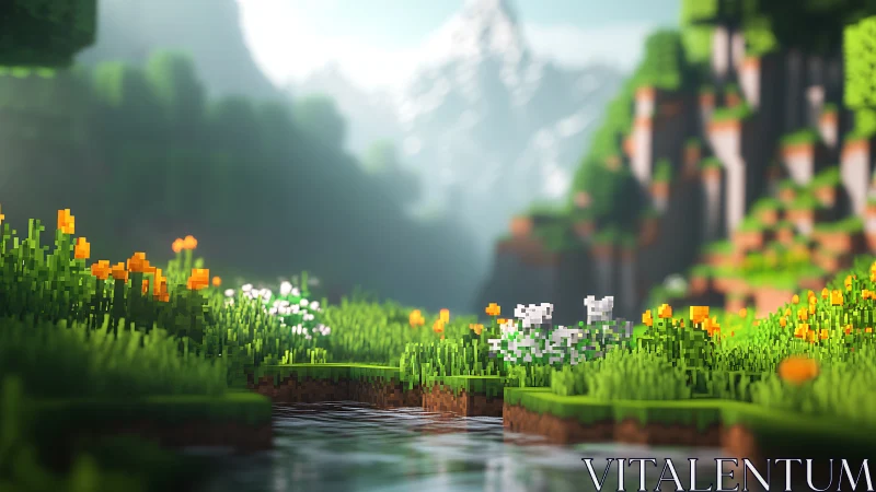 Voxel river valley with floral meadow and distant mountains.
