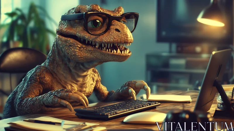 Ergonomic workstation used by glasses-wearing dinosaur typing confidently