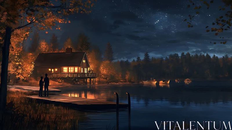 Lakeside cabin glows under crisp autumn night sky.