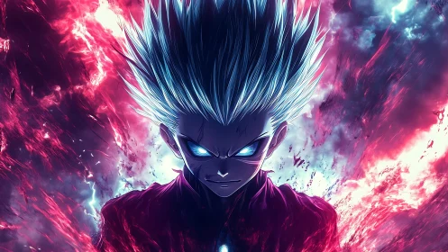 Storm-lit anime warrior glowing with fierce cosmic power.