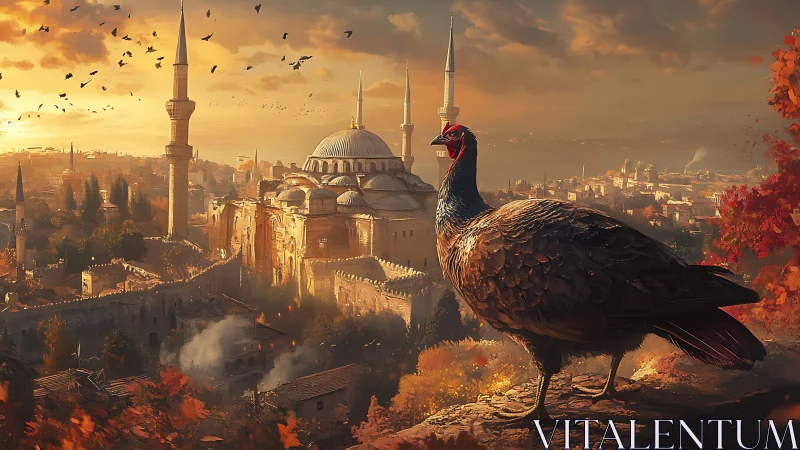 Turkey overlooking autumn cityscape and domed mosque at dusk.