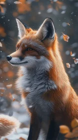 Red fox portrait in soft-focus autumn snowfall scene.