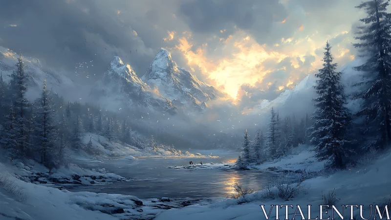 Winter mountains catch fire beneath a stormlit sunrise sky.