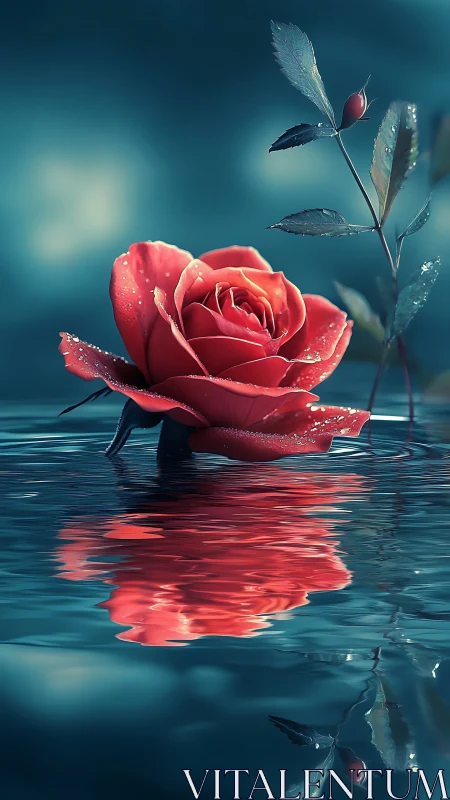 Single red rose drifts on teal water in serene twilight calm