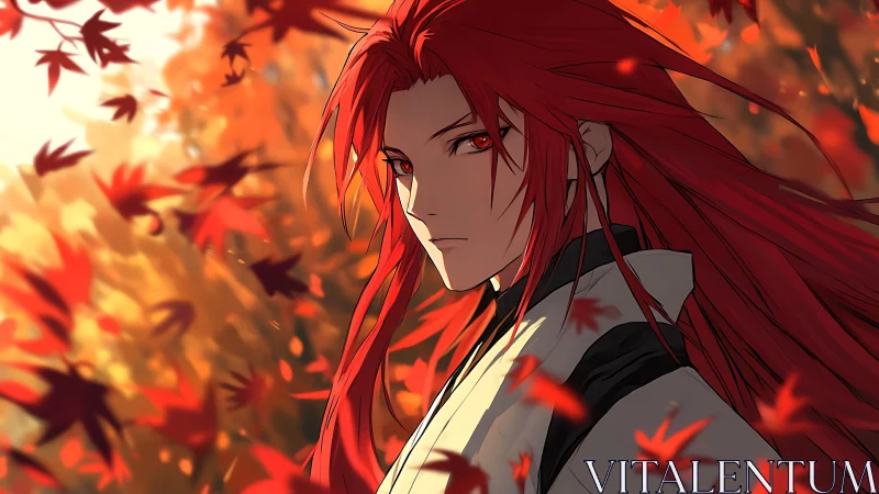 Anime portrait in dynamic autumn foliage composition.