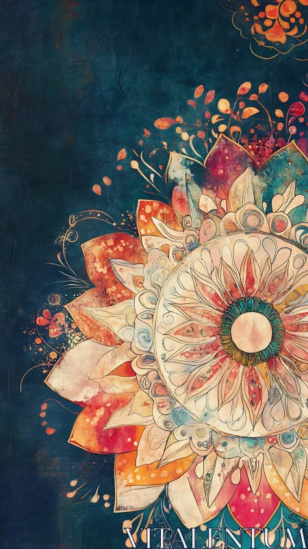 Mandala floral radial burst on textured indigo ground.