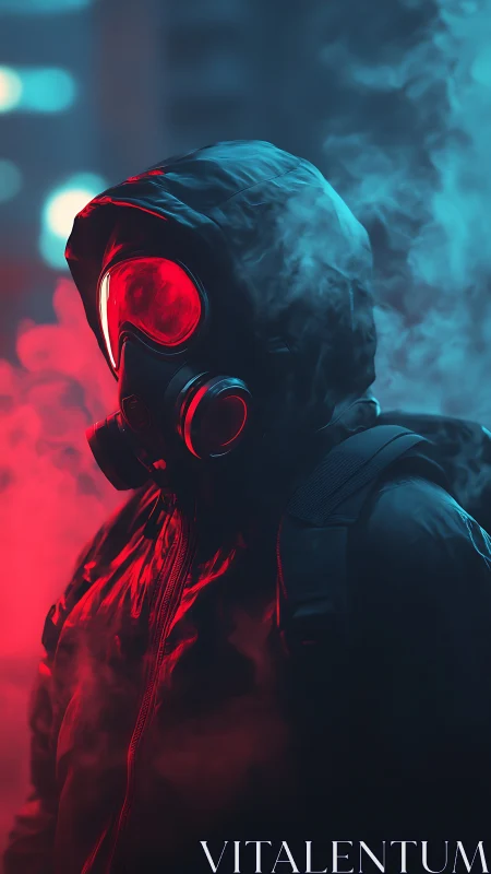 Hooded wanderer in neon fog with glowing red respirator.