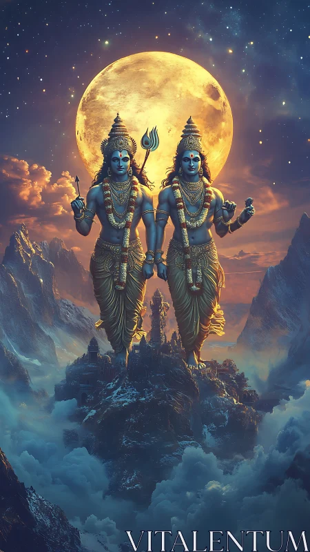Twin celestial deities above moonlit Himalayan citadel.