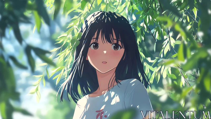 Anime portrait under dappled foliage with soft backlighting.