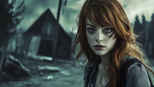 Fierce redheaded survivor stands strong in a ruined village