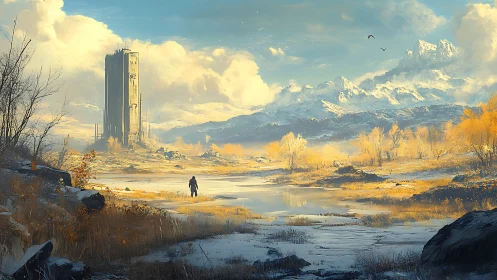 Solitary wanderer crossing a golden winter frontier.
