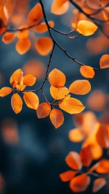 Golden autumn leaves drifting against soft blue hush.