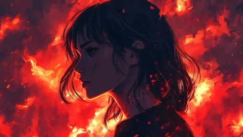 Flaming silhouettes whisper around the girl of embers