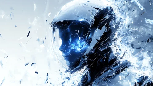 Shattered ice cosmonaut with luminous electric core profile.