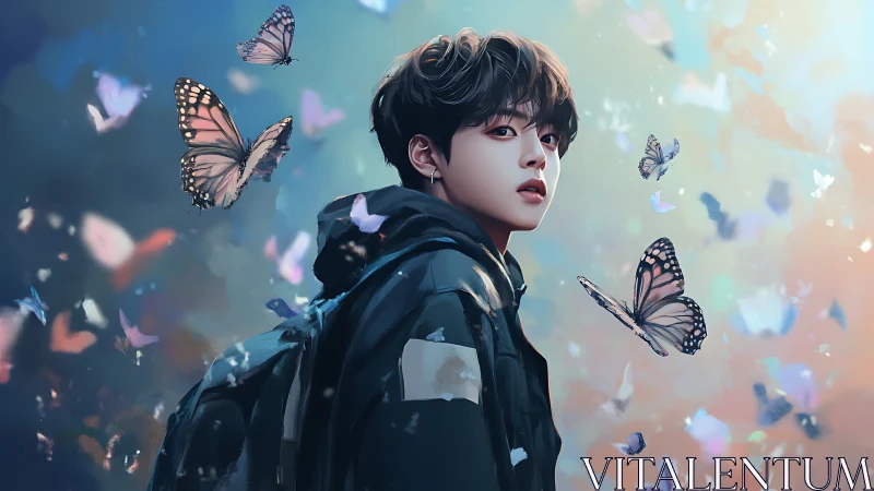 Soft-eyed wanderer walking through a drifting butterfly dream.