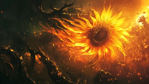 Large luminous sunflower is rendered amid dark abstract forms