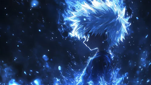 Side profile of glowing blue-haired anime boy in energy field.