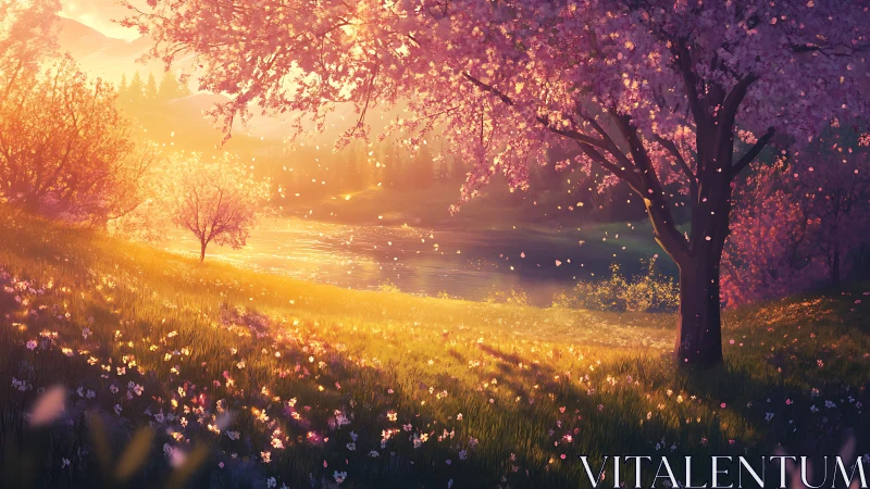 Spring meadow sunrise with cherry blossom trees by riverside