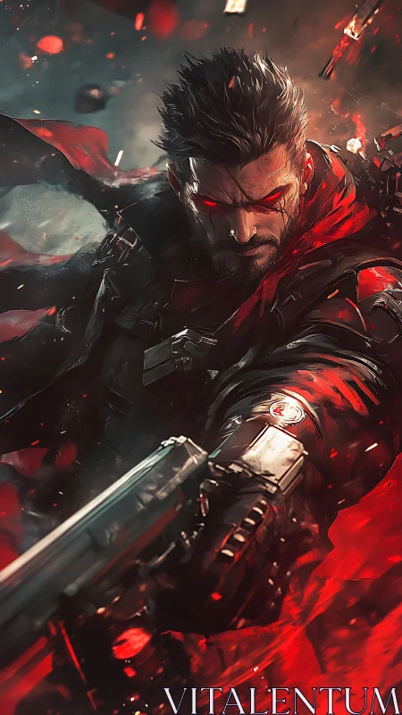 Gun-wielding warrior with red energy and glowing cybernetic eyes