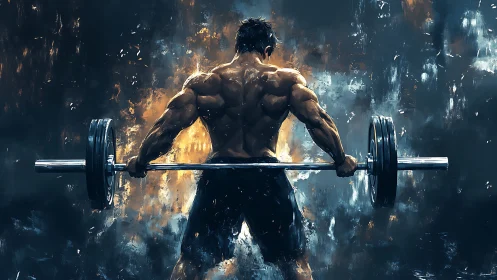 Muscular athlete lifting barbell under blazing abstract light.