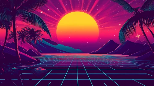 Neon vaporwave sunset over grid shoreline with palm silhouettes