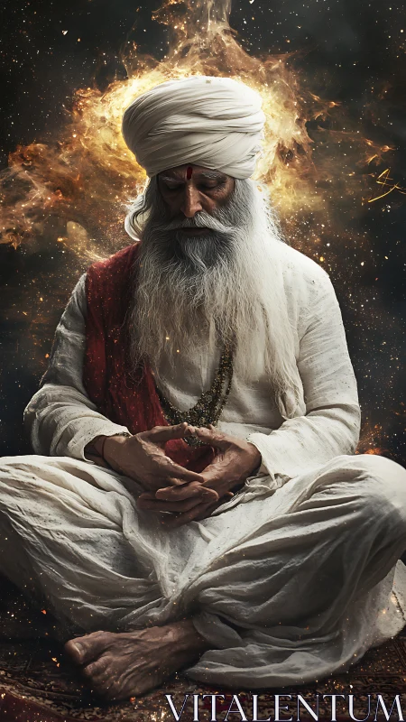 Mystic elder meditates amid swirling cosmic fire aura.