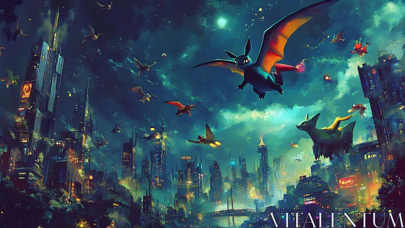 Nocturnal dragon swarm circles neon-lit cyberpunk megacity skyline