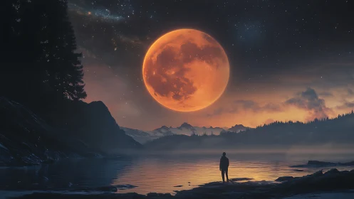 Crimson supermoon over misty lake horizon at twilight