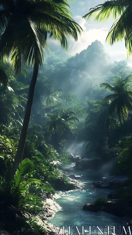 Emerald mist river winding through a secret palm cathedral.