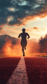 Silhouetted runner on misty track under dramatic sunrise sky.