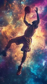 Digital painting of cosmic basketball dunk in nebula field.