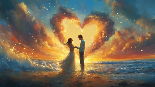 Couple silhouetted against heart-shaped golden fire explosion on beach