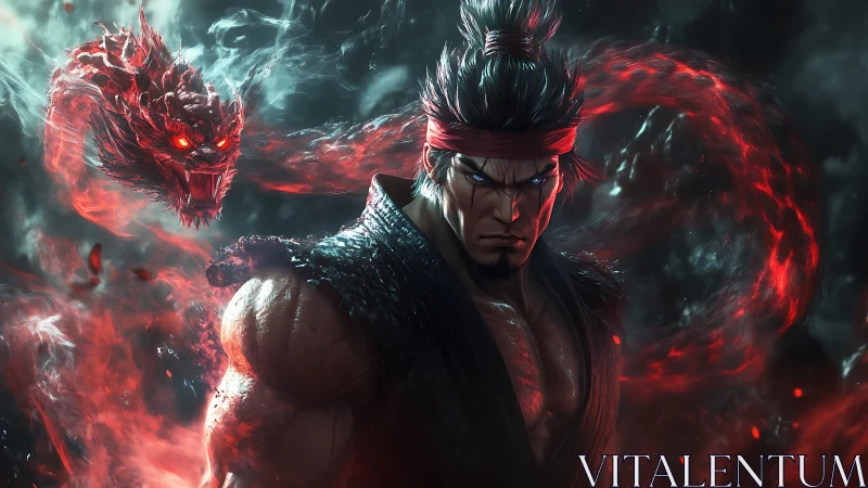 Martial warrior with red spectral dragon in dark vortex.