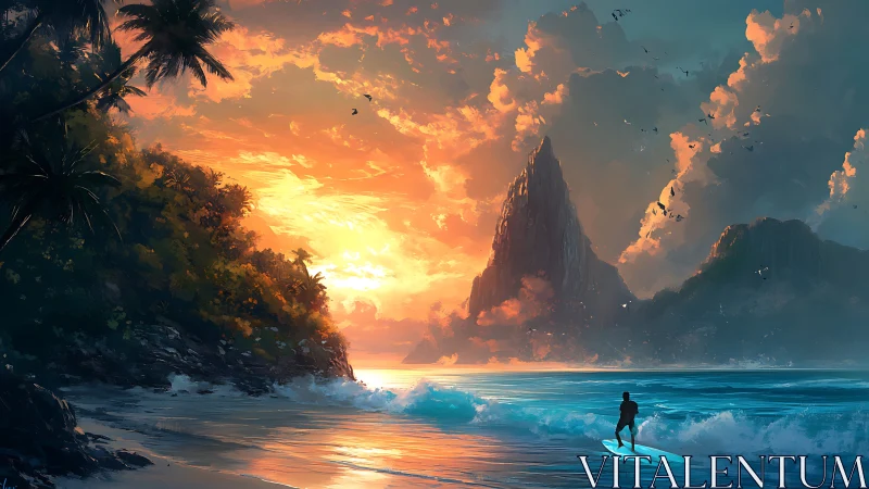 Sunlit surf and misty island peaks at the edge of day.