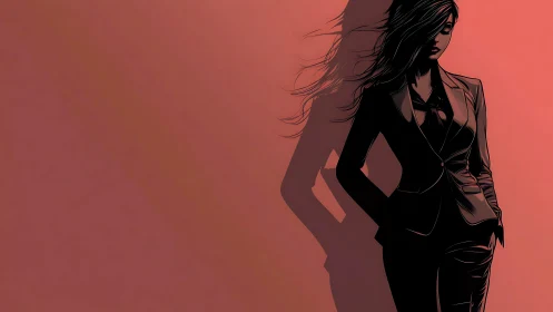 Confident businesswoman in black suit, digital art illustration.