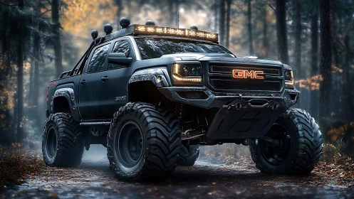 Lifted GMC off-road truck dominates a misty autumn forest trail