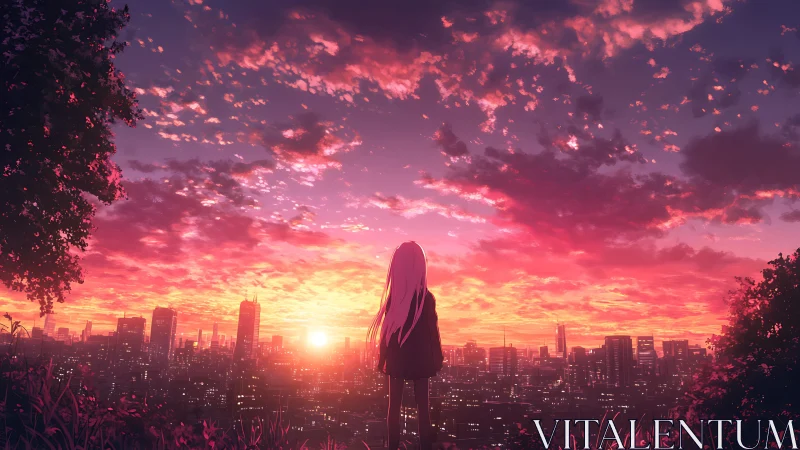 Solitary anime girl quietly watching a neon city sunset glow