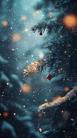 Snowy evergreen branches glowing with gentle winter light.