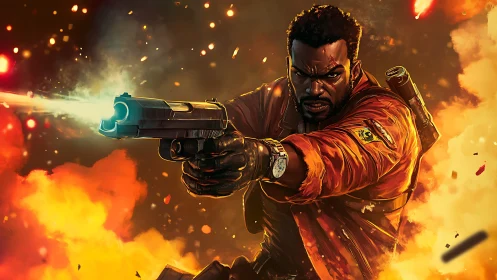 Action hero fires pistol through explosive firestorm chaos.