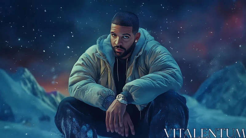 Solitary man rests in a snowy nightscape under falling snow