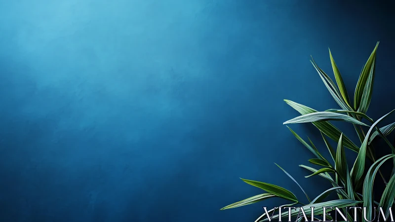Tropical leaves rest against a serene deep blue wall backdrop