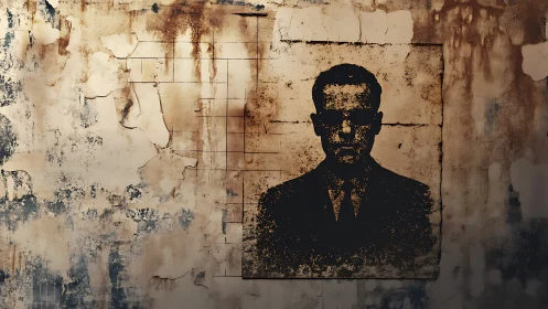 Portrait stencil of suited figure is placed on decayed wall