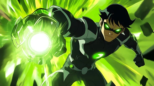 Emerald-powered hero charges through explosive green energy