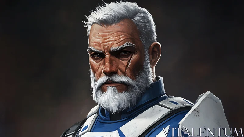 Weathered veteran in sci‑fi armor rendered with high‑detail brushwork