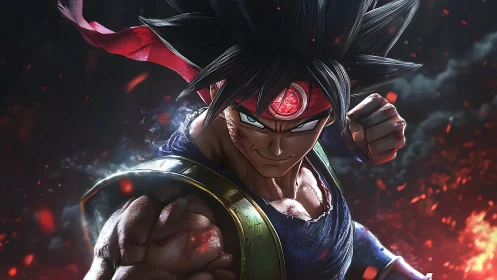 Fiery anime warrior stands ready with fierce determined gaze