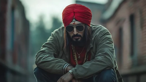 Man in red turban and sunglasses in urban alley portrait.
