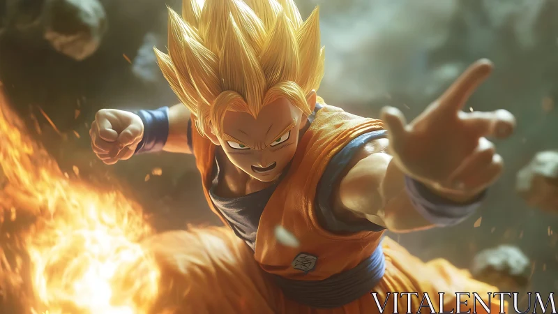 Golden-haired warrior lunges through molten stormfire skies.