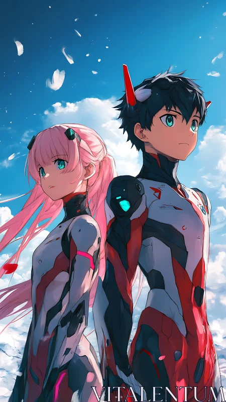 Skybound mecha duo under drifting feathers of resolve.