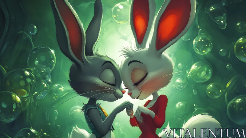 Cartoon rabbit couple share tender moment in green glow.