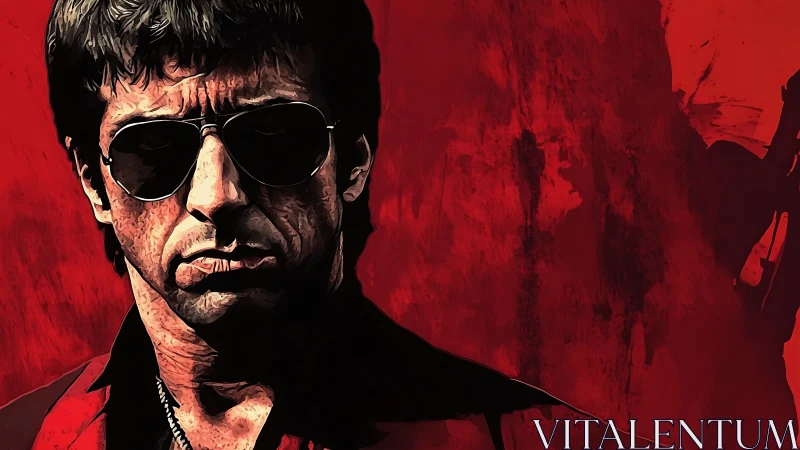 Sunglassed tough figure against saturated red vector field.